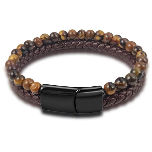 MEA NANI JEWELLERY Herrearmbånd HERREARMBÅND I BRUNT SKINN OG TIGER EYE PERLER - VINTAGE STIL