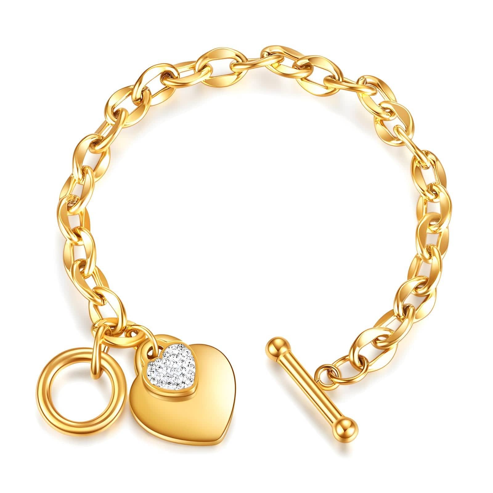 chunky hjertearmbånd med 18k pvd-gullbelegg og cubic zirconia. vanntett og allergivennlig smykke i rustfritt stål – perfekt for hverdagsbruk.