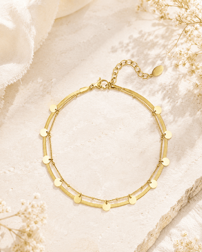 MEA NANI JEWELLERY Ankellenke SOLEIL DOUBLE ANKLET – ankelkjede i 14K gullbelagt kirurgisk stål