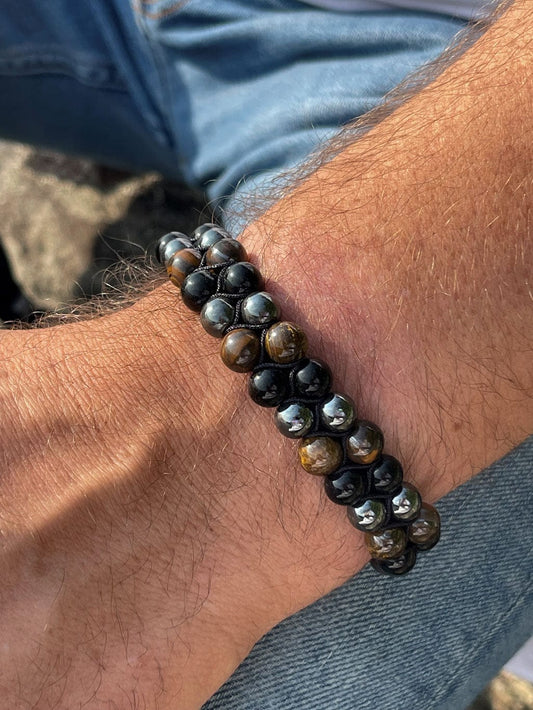 MEA NANI JEWELLERY Herrearmbånd JUSTERBART ARMBÅND TIL MANN  - TIGEREYE PERLER, SVART OBSIDIAN, HERMATITT