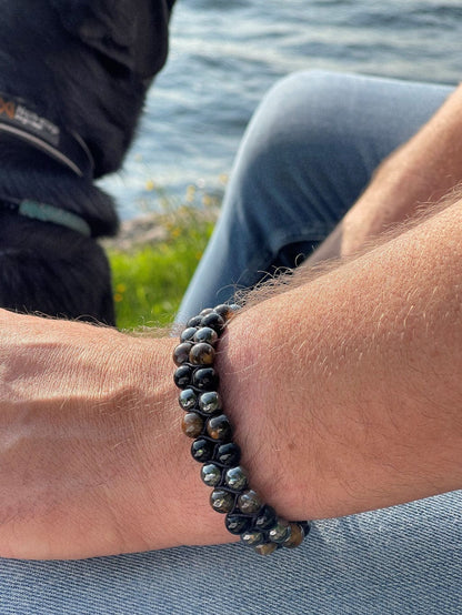 MEA NANI JEWELLERY Herrearmbånd JUSTERBART ARMBÅND TIL MANN  - TIGEREYE PERLER, SVART OBSIDIAN, HERMATITT
