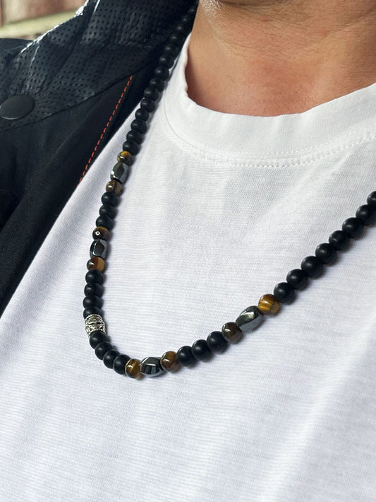 MEA NANI JEWELLERY Herresmykke ASK – langt herrekjede i lavastein og tigerøye