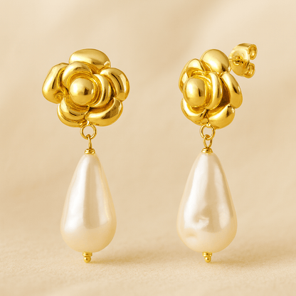 MEA NANI JEWELLERY Øredobber LA ROSÉ DROP EARRINGS – 14K gullbelagte, vanntette øreringer med rose & perle