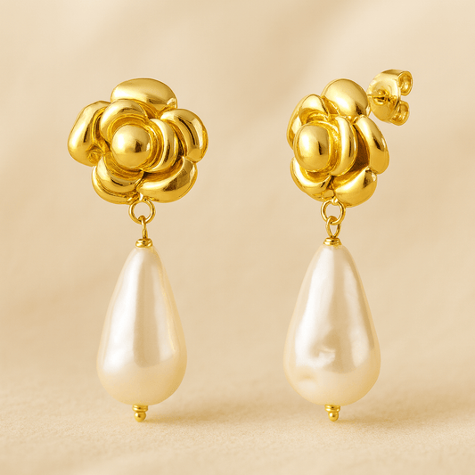 MEA NANI JEWELLERY Øredobber LA ROSÉ DROP EARRINGS – 14K gullbelagte, vanntette øreringer med rose & perle