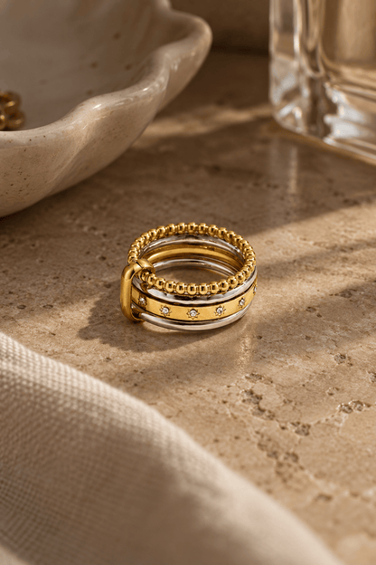 MEA NANI JEWELLERY Ring SQUAD – Ring med fire bånd i gull og sølv, 14K gullbelagt